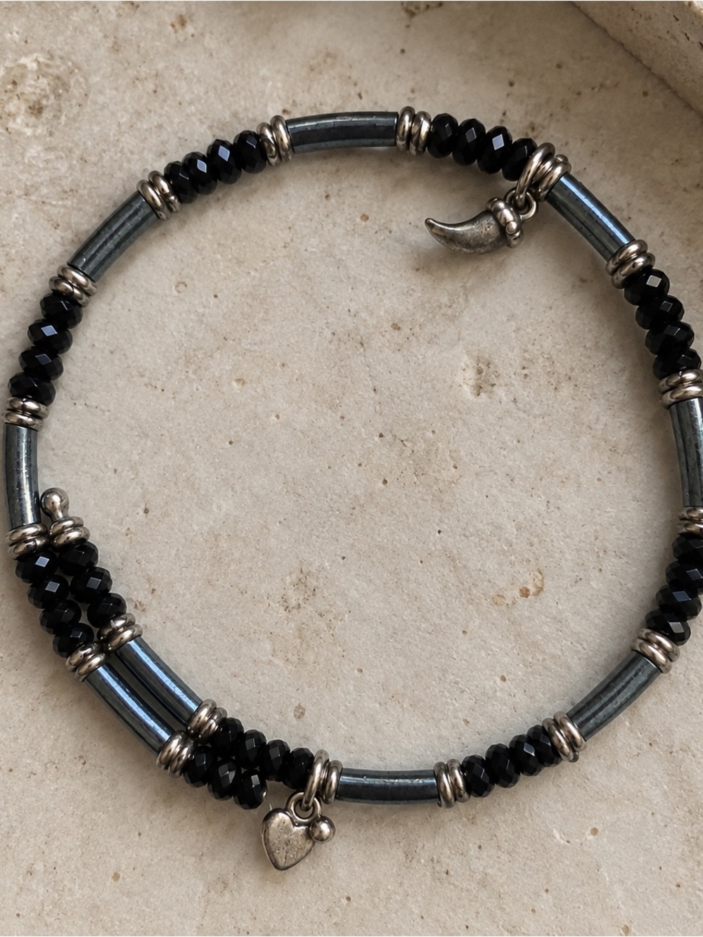 Black Faceted Beaded Double Strand Bracelet Gunmetal Tube Beads Charm